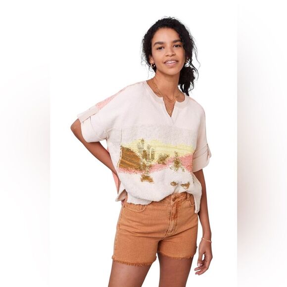 Pilcro Anthropologie Desert Intarsia Sweater Tee Womens Size Medium Cotton - Picture 1 of 15
